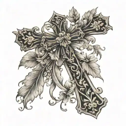 A dotwork tattoo of a cross with delicate vines and flowers, symbolizing strength and faith tattoo design idea