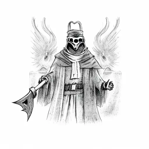Plague Doctor with Feathered Cloak, holding an axe tattoo design idea