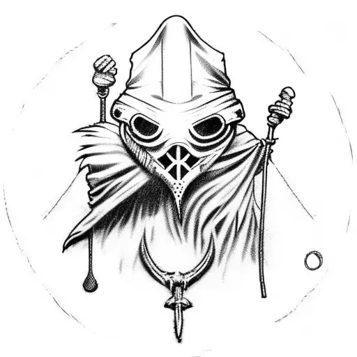 Plague Doctor with Feathered Cloak, swinging an axe tattoo design idea