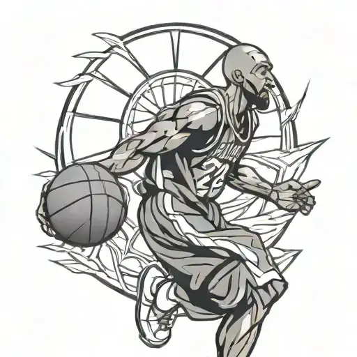A Kobe logo transformed into an anime character holding a basketball, in blackwork style tattoo design idea