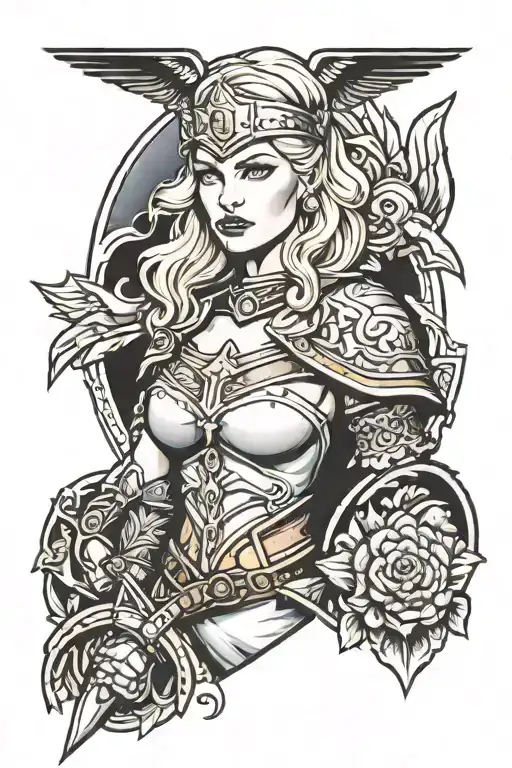 valkyrie warrior woman blonde hair blue eyes tattoo design idea