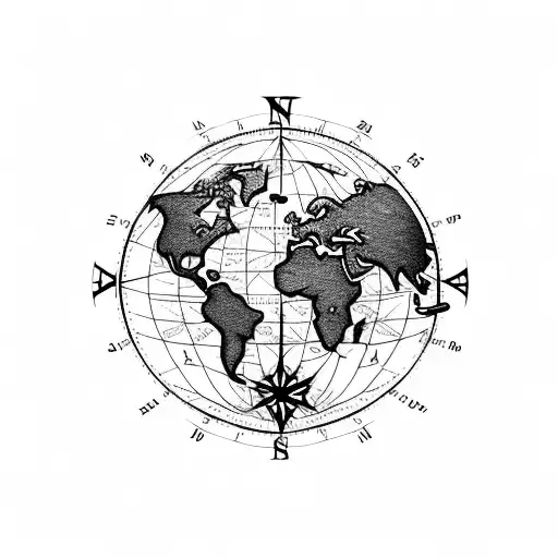 world map, compass and clock tattoo design idea