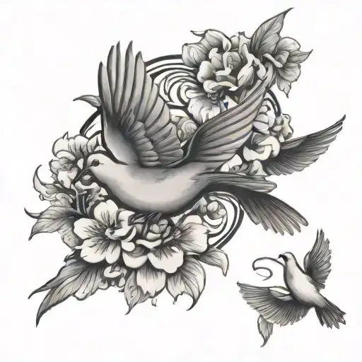 doves flying around japanese words with flowers growing tattoo design idea