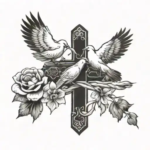 Forearm tattoo with twine doves and a cross with the saying “life goes on” tattoo design idea