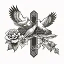 Forearm tattoo with twine doves and a cross with the saying “life goes on” tattoo design idea