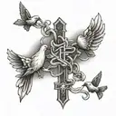 Forearm tattoo with twine doves and a cross with the saying “life goes on” tattoo design idea