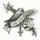 Forearm tattoo with twine doves and a cross with the saying “life goes on” tattoo design idea