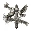 Forearm tattoo with twine doves and a cross with the saying “life goes on” tattoo design idea