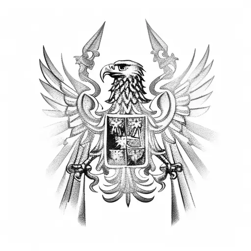 the eagle of the Polish shield in the middle of the tattoo with a medieval-themed background as for the chest tattoo design idea