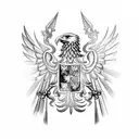 the eagle of the Polish shield in the middle of the tattoo with a medieval-themed background as for the chest tattoo design idea