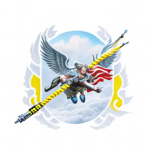 Saint Michael with parachute and assault rifle tattoo design idea