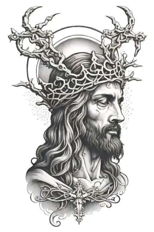 Jesus christ praying with rosary intertwined with thorn crown with cloud and smoke behind him  tattoo design idea