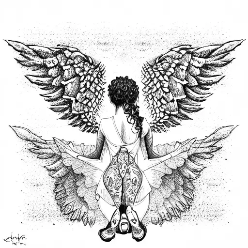 woman with curly hair and dramatic wings tattoo design idea