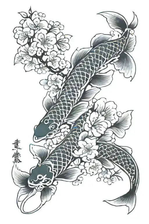 japanese leg sleeve with cherry blossoms koi fish and torii tattoo design idea