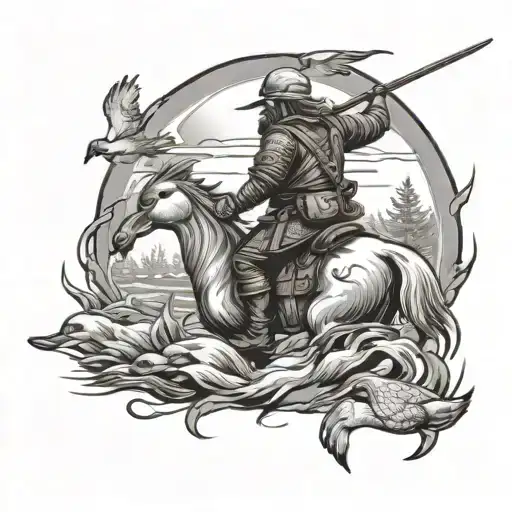 A unique design combining elements of Vinland Saga and duck hunting in a black-grey style tattoo design idea