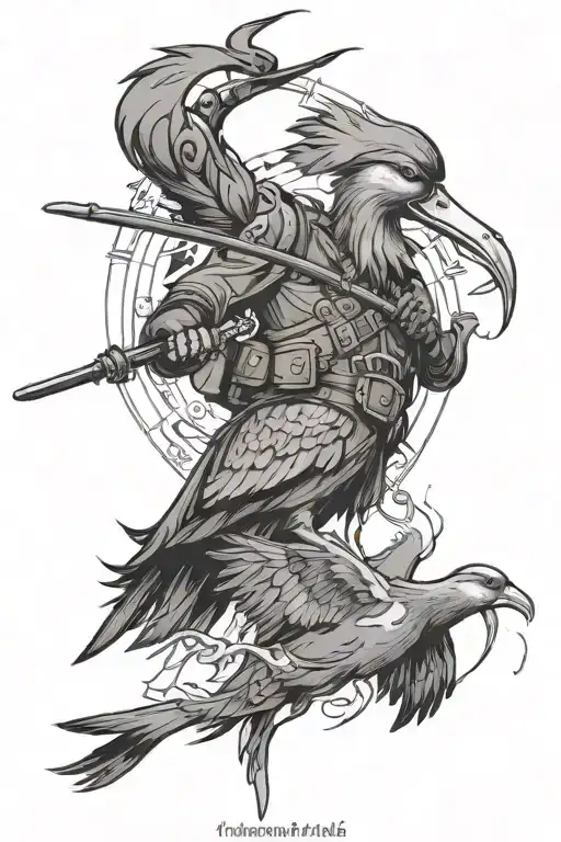 A unique design combining elements of Vinland Saga and duck hunting in a black-grey style tattoo design idea