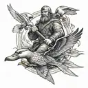 A unique design combining elements of Vinland Saga and duck hunting in a black-grey style tattoo design idea