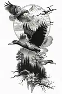 A unique design combining elements of ducks and forest covered mountains in a black-grey style tattoo design idea