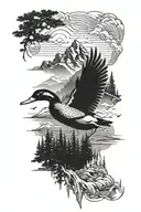 A unique design combining elements of ducks and forest covered mountains in a black-grey style tattoo design idea