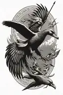 A unique design combining elements of Vinland Saga and duck hunting in a black-grey style tattoo design idea