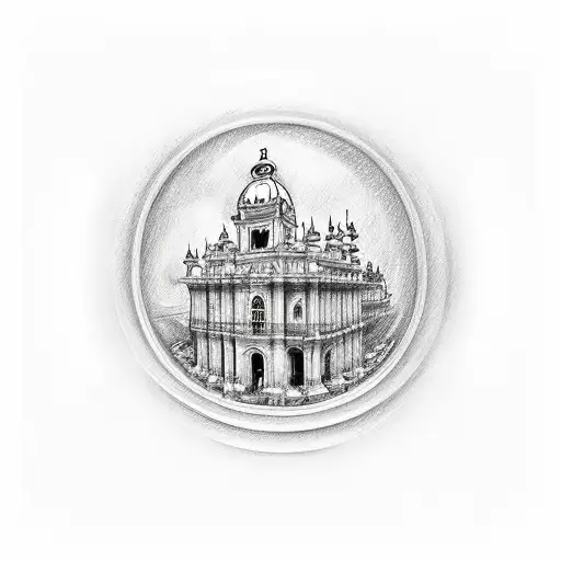 A sketch-style tattoo of a Portuguese architectural landmark with auto tech elements tattoo design idea