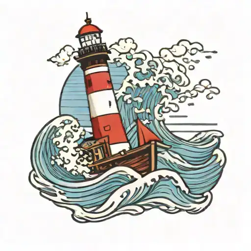 a boat crashing through a wave by a lighthouse simple tattoo design idea