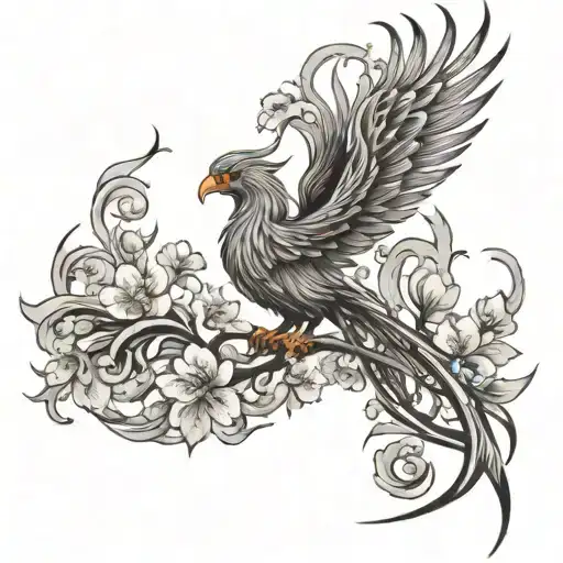 Phoenix rising from flames cherry blossoms masculine tattoo design idea