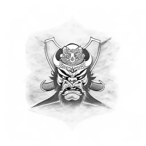 katana or Japanese sword crossing oni Yakuza mask tattoo design idea