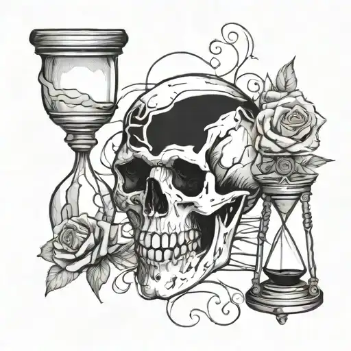 design a tattoo with a skull and an hourglass next to it. with a script saying "Memento Mori" above it. and another scri tattoo design idea
