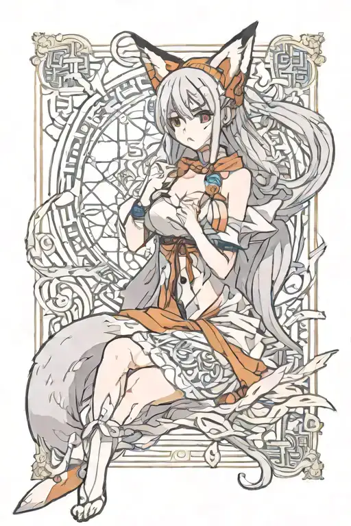 anime girl with no clothes fox ears and tail holding a long scroll tattoo design idea