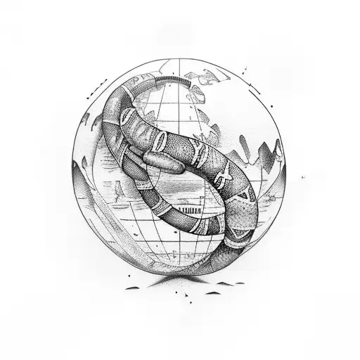 An anaconda wrapped around a globe with different landmarks as tattoos on its body tattoo design idea