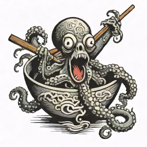 an octopus in a ramen bol with chop stick and a mad face tattoo design idea