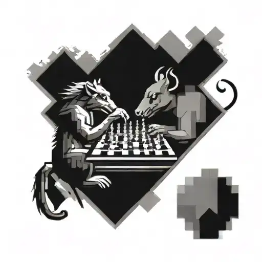 A tattoo design of a pixelated bull and rat playing a game of chess, with the year 1996 subtly hidden within the pixels tattoo design idea