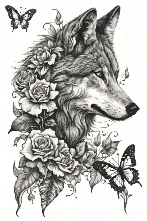 flowers with wolf hidden in the middle, and butterflies flying away, realistic tattoo design idea