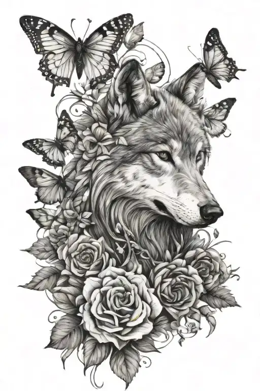 flowers with wolf hidden in the middle, and 4 butterflies flying away, realistic tattoo design idea