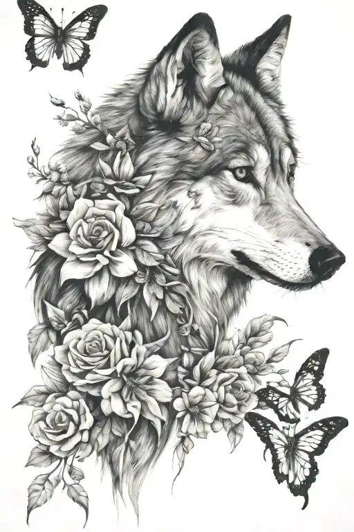 delicate flowers but NOT roses, with a wolf hidden in the middle, and butterflies flying away, realistic tattoo design idea