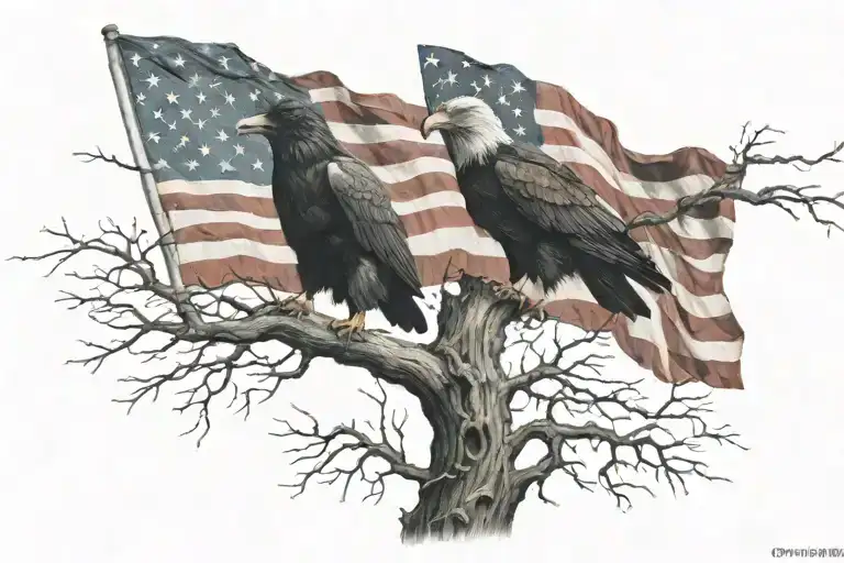 crow and eagle American flag dead tree tattoo design idea