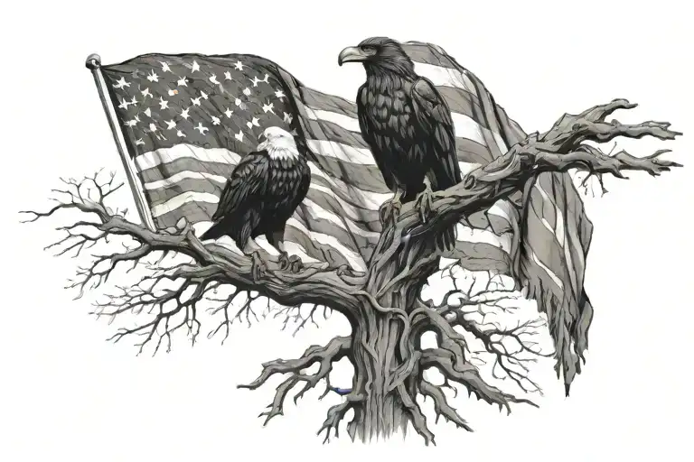 crow and eagle American flag dead tree tattoo design idea