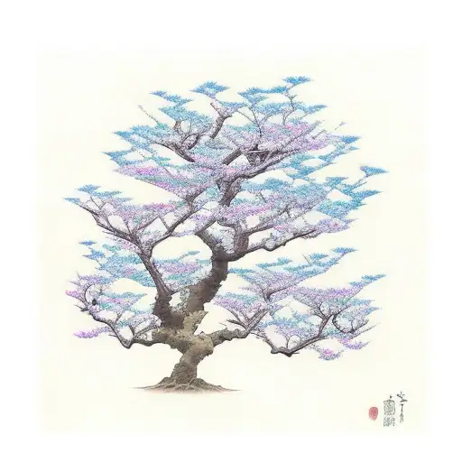 oak tree and butterfly in color tattoo design idea