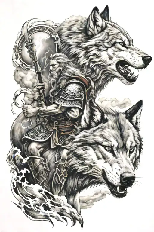 wolf with viking warrior, lightning and clouds tattoo design idea