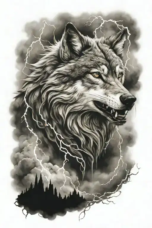 wolf with dragon lightning and clouds tattoo design idea