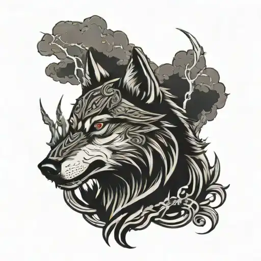 wolf with viking warrior, lightning and clouds tattoo design idea