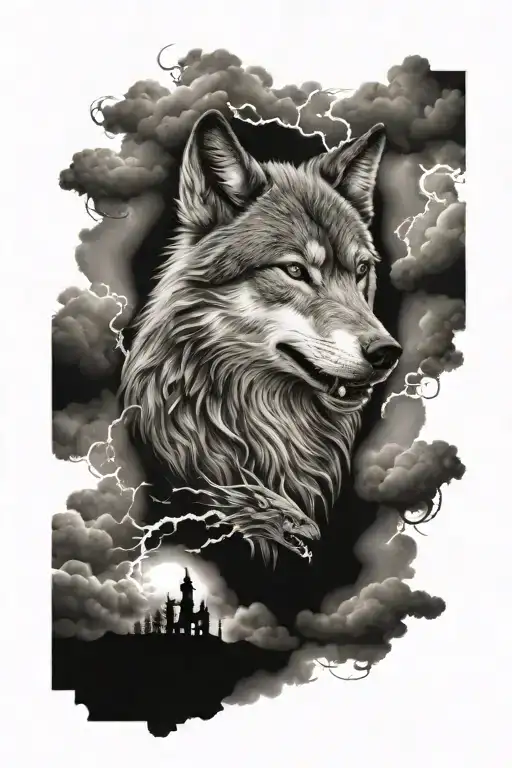 wolf with dragon lightning and clouds tattoo design idea