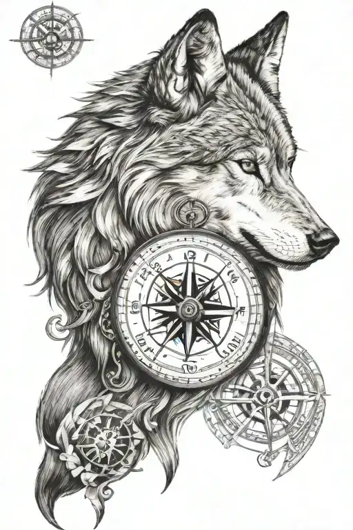 wolf with viking compass tattoo design idea