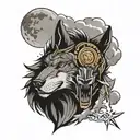 wolf with viking warrior, lightning and clouds tattoo design idea