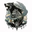 wolf with viking warrior, lightning and clouds tattoo design idea