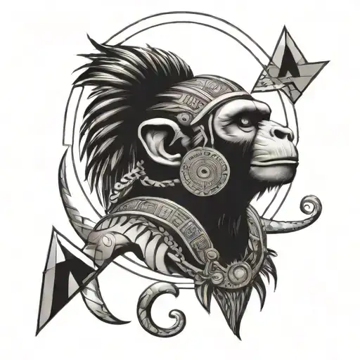 see no evvil aztec monkey with pyramids sun moon tattoo design idea
