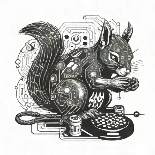 A futuristic cyborg squirrel playing a board game with circuit board patterns incorporated into the design tattoo design idea