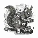 A futuristic cyborg squirrel playing a board game with circuit board patterns incorporated into the design tattoo design idea