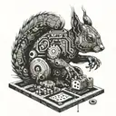 A futuristic cyborg squirrel playing a board game with circuit board patterns incorporated into the design tattoo design idea